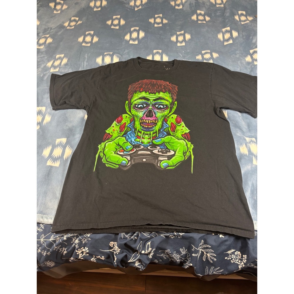 Mens Black Graphic T-Shirt Zombie Gamer Controller Neon Green Horror Streetwear